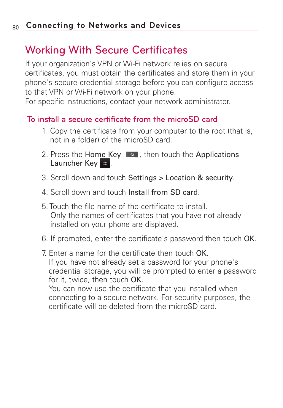 Working with secure certific, Working with secure certificates | LG VS660 User Manual | Page 82 / 692