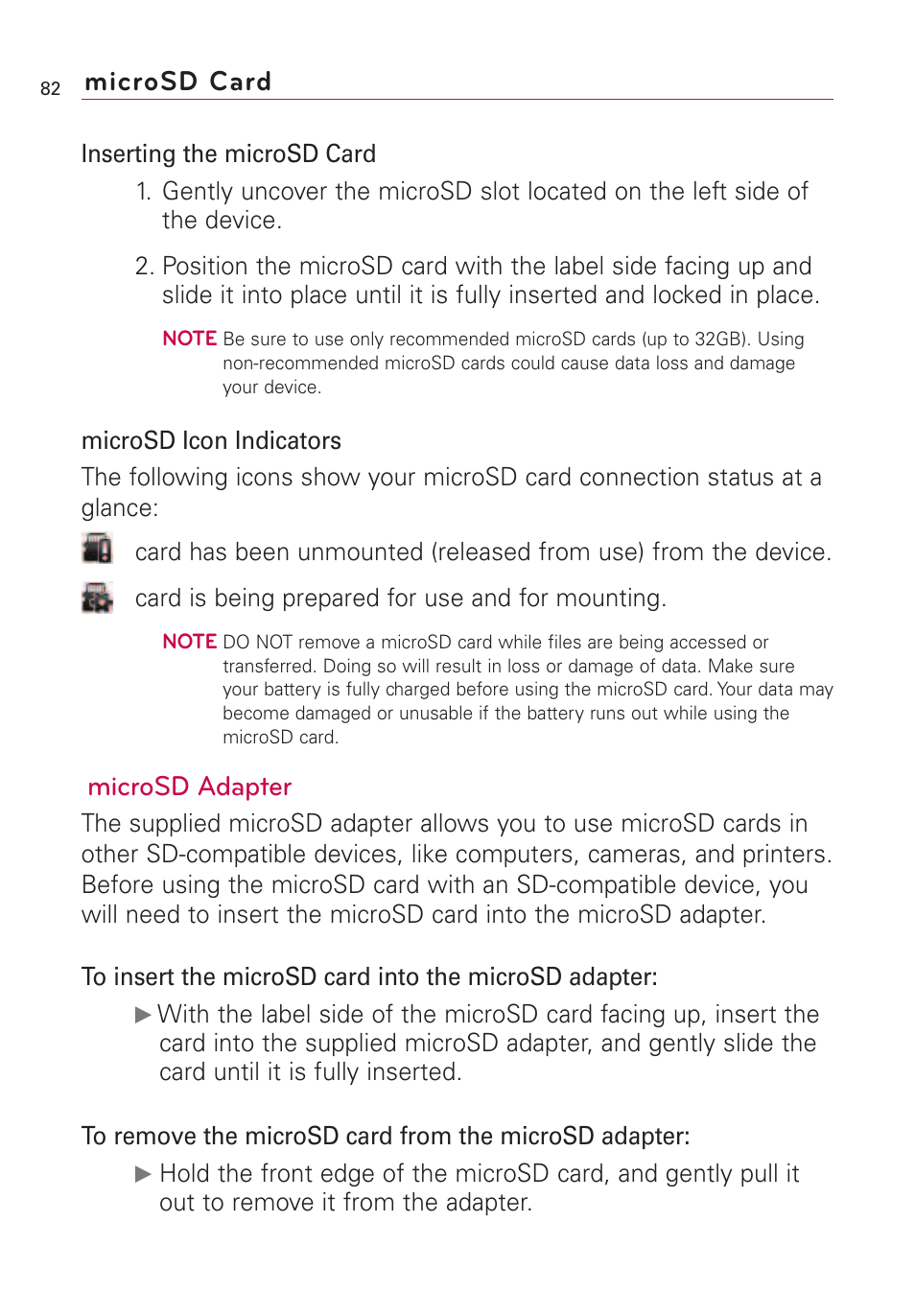 Microsd adapter, Microsd card | LG VS660 User Manual | Page 84 / 692