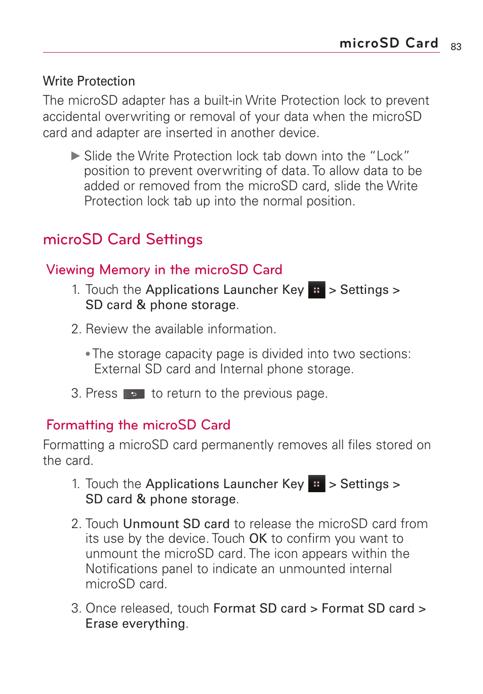 Microsd card settings, Formatting the microsd card, Microsd card | LG VS660 User Manual | Page 85 / 692