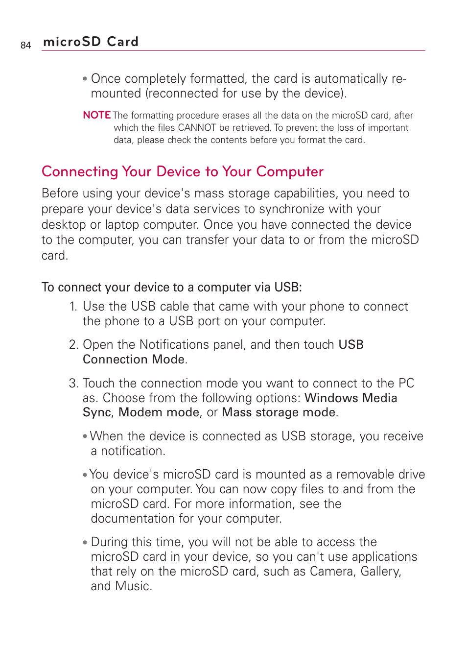 Connecting your device to yo, Connecting your device to your computer, Microsd card | LG VS660 User Manual | Page 86 / 692