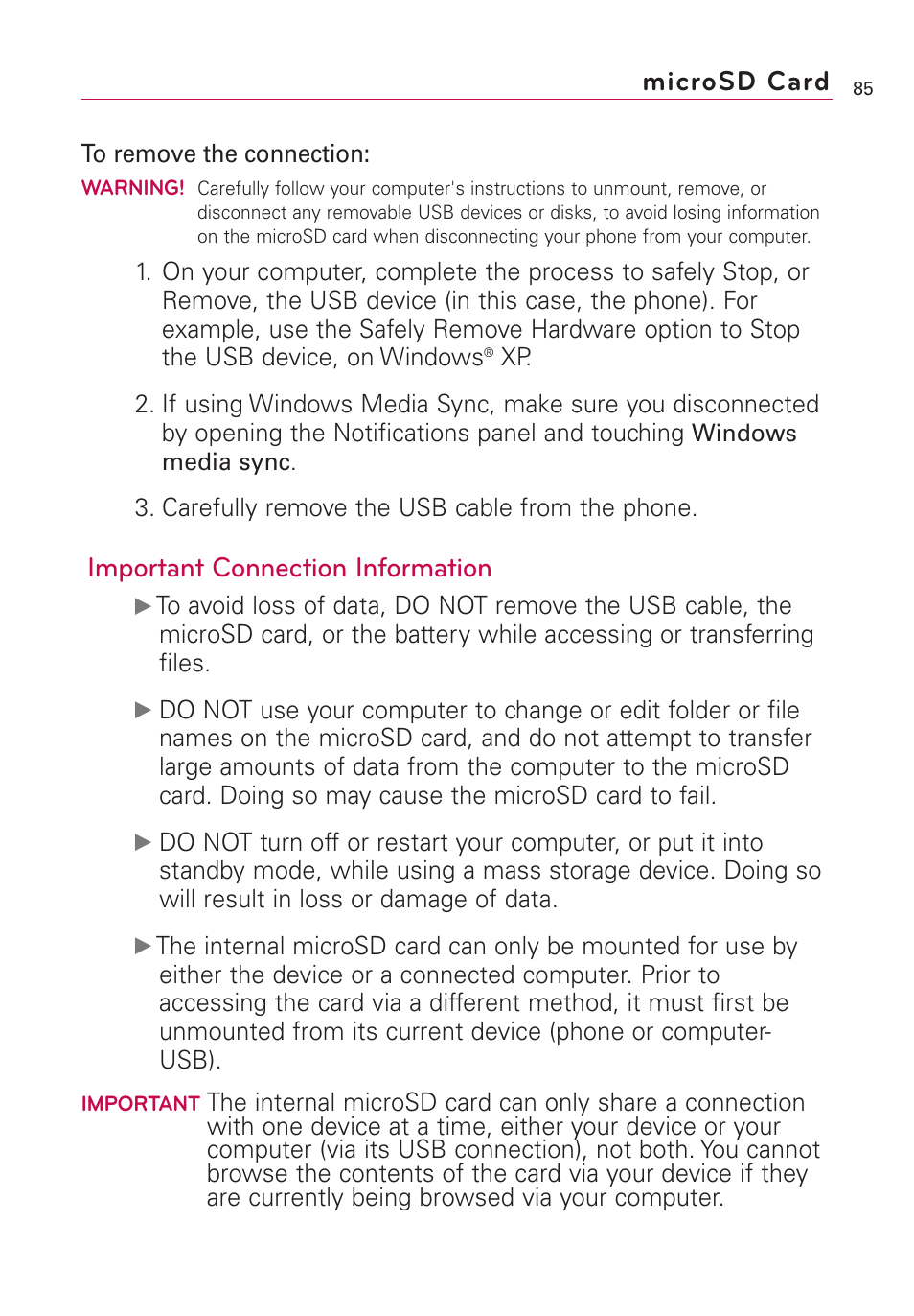 Important connection information, Microsd card | LG VS660 User Manual | Page 87 / 692