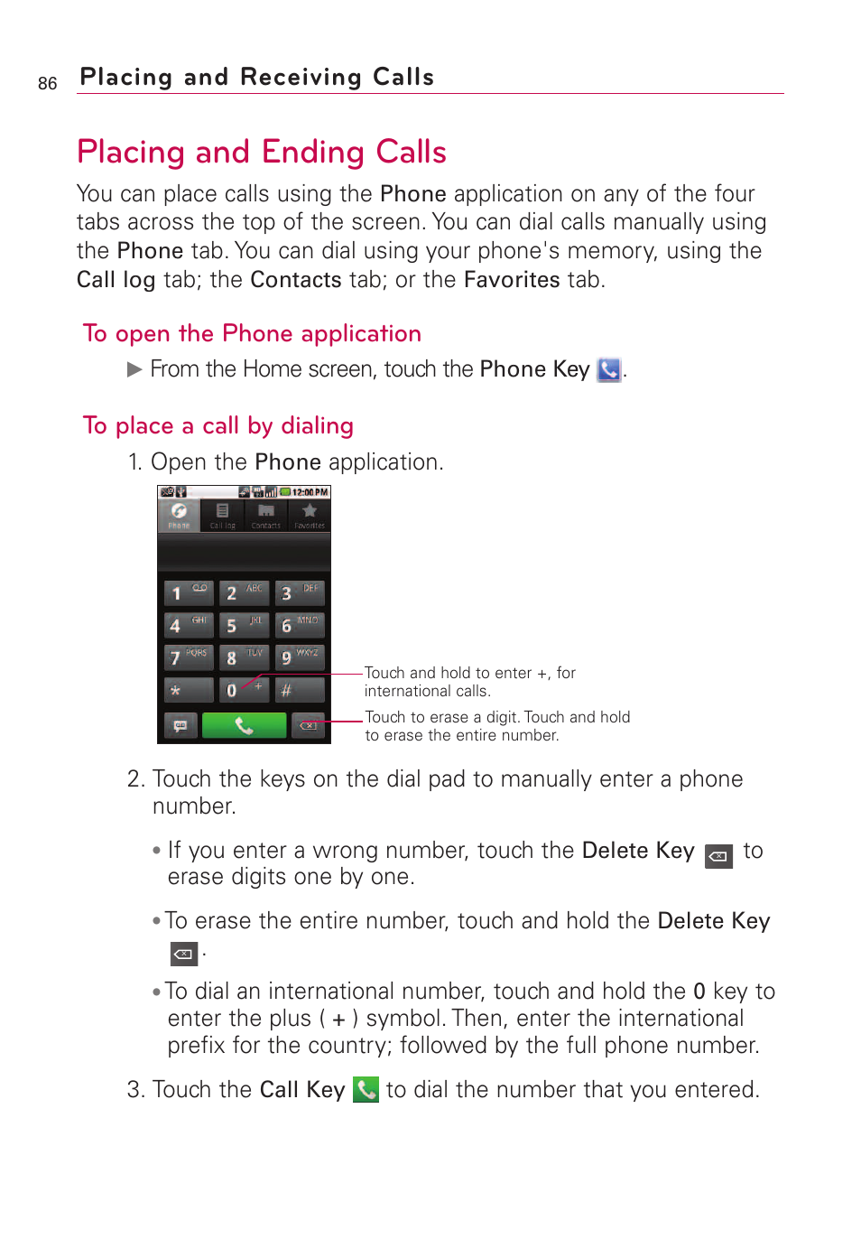 Placing and receiving calls, Placing and ending calls | LG VS660 User Manual | Page 88 / 692