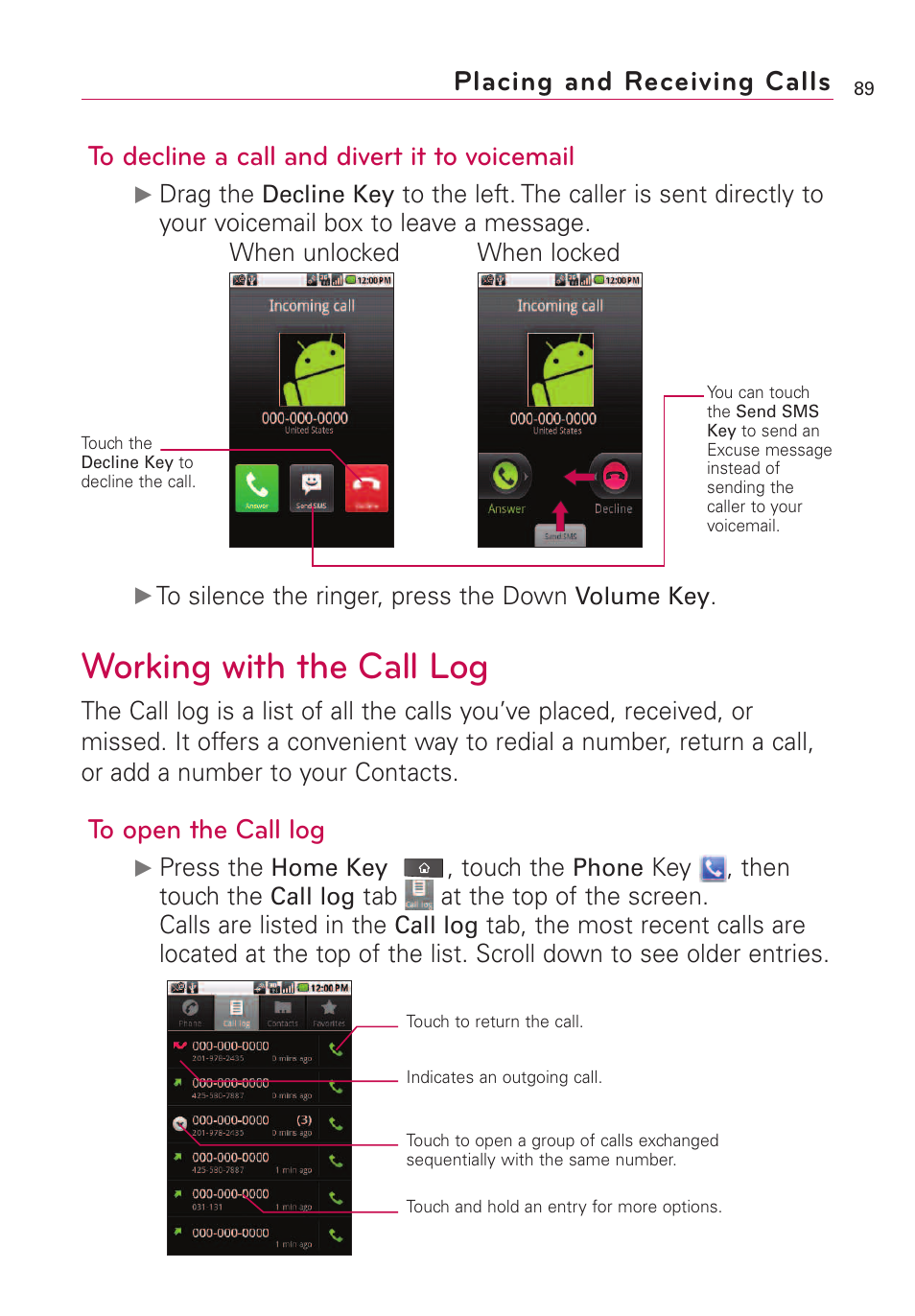 Working with the call log, Placing and receiving calls | LG VS660 User Manual | Page 91 / 692