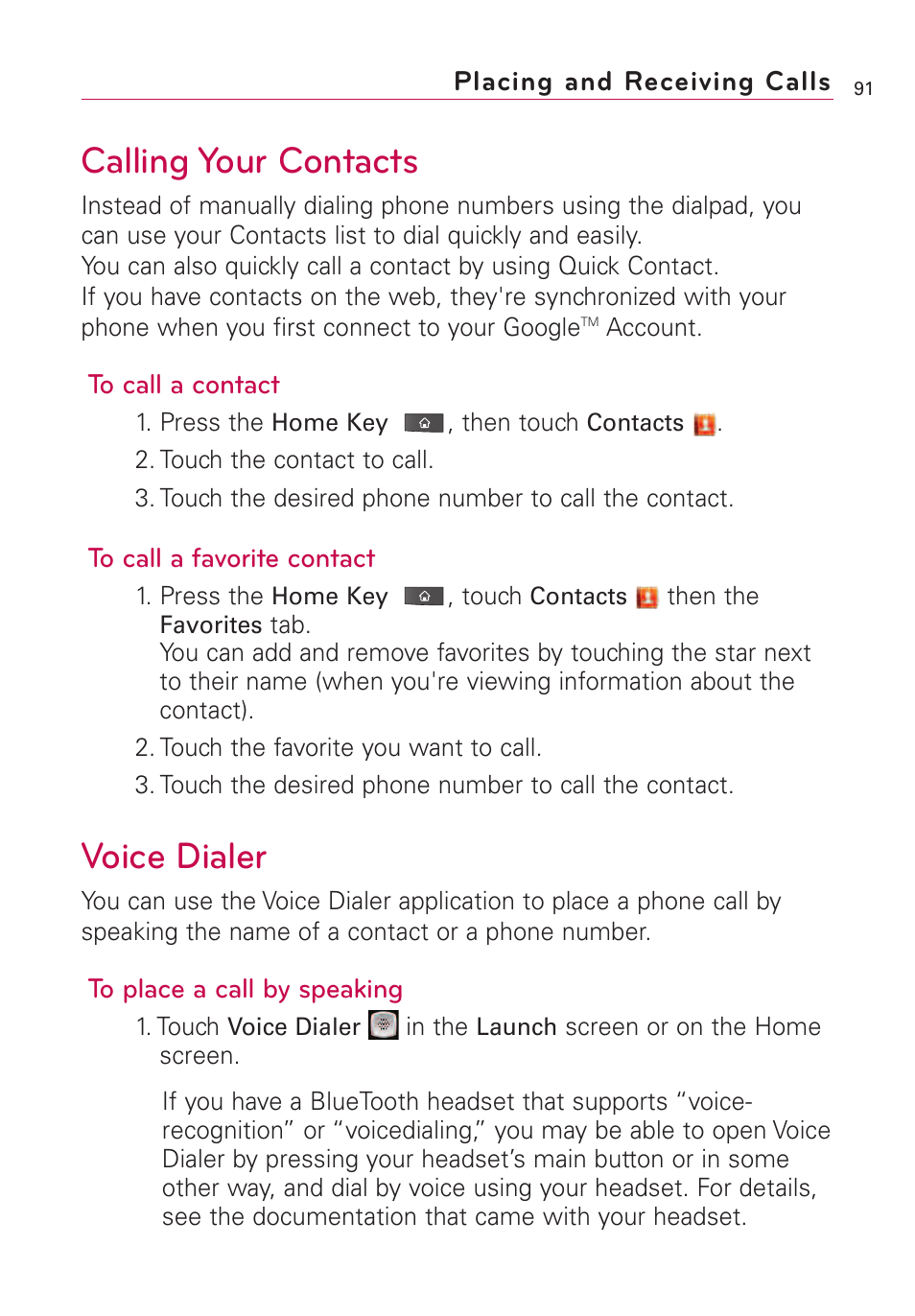 Calling your contacts, Voice dialer | LG VS660 User Manual | Page 93 / 692