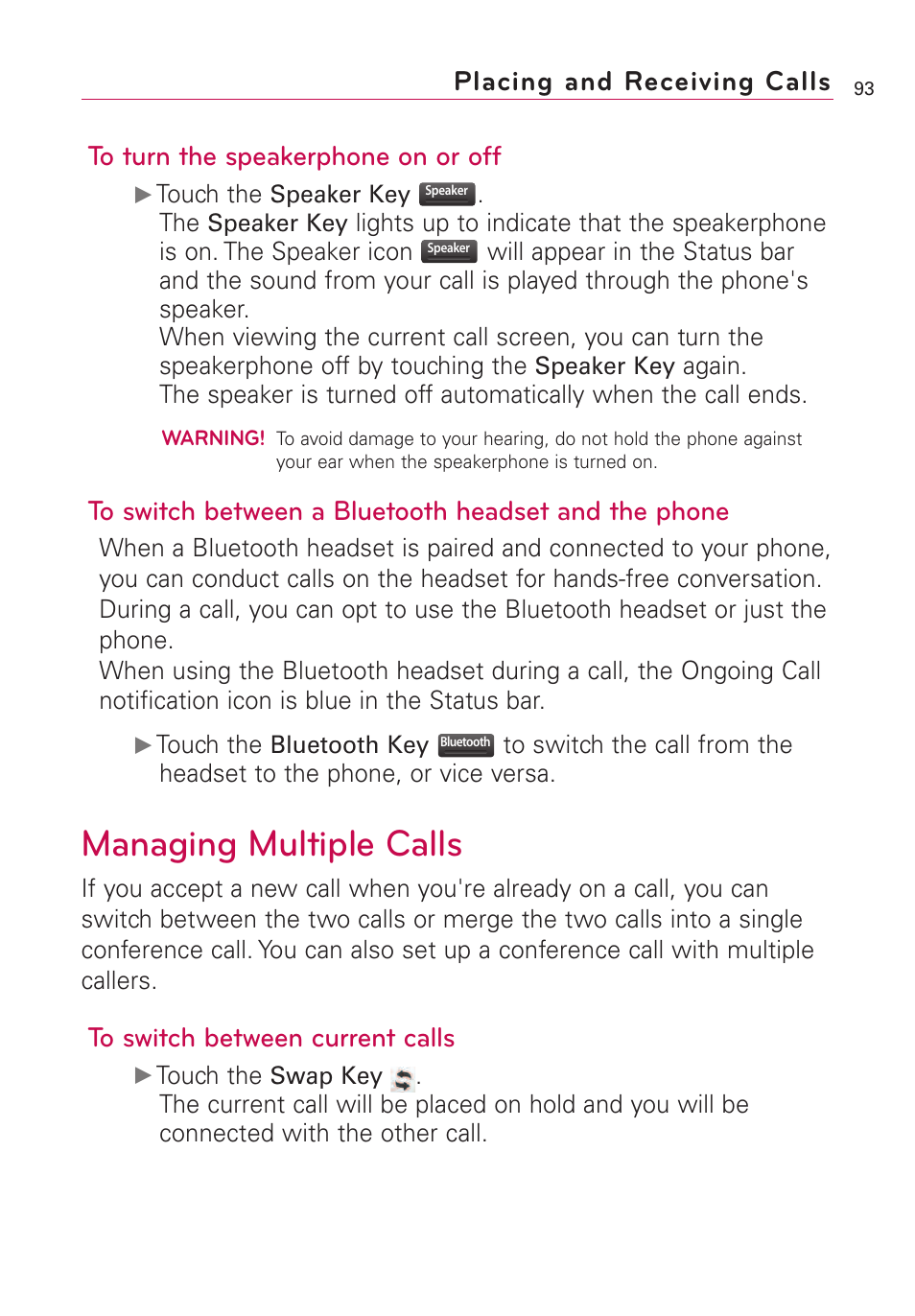 Managing multiple calls, Placing and receiving calls | LG VS660 User Manual | Page 95 / 692