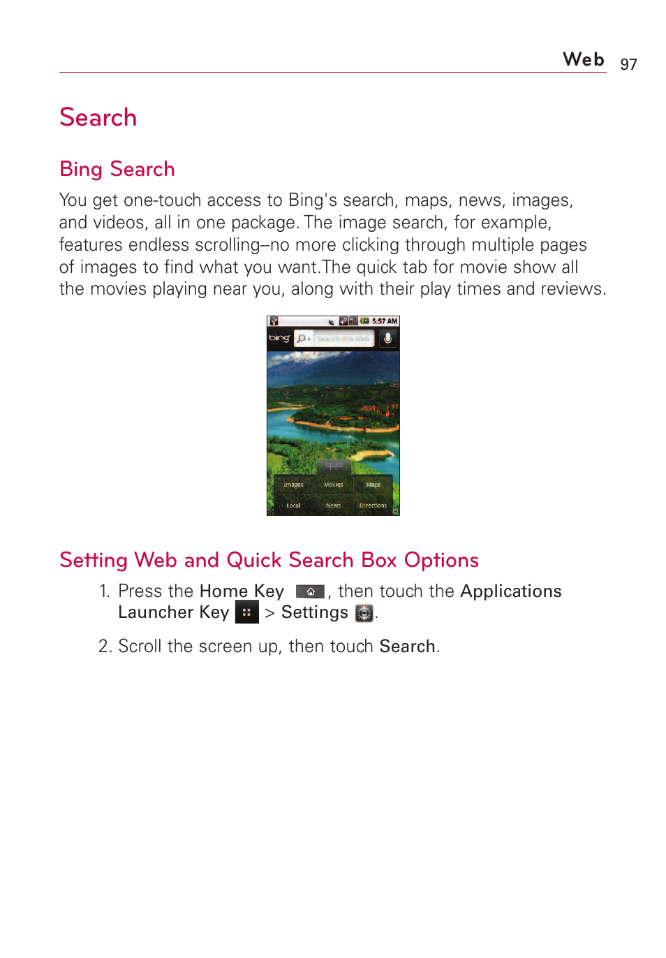 Search, Bing search, Setting web and quick search | Setting web and quick search box options | LG VS660 User Manual | Page 99 / 692