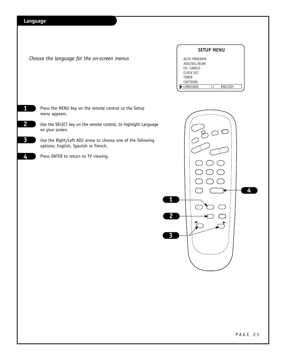 Language, Choose the language for the on-screen menus, Setup menu | LG H24F39DT User Manual | Page 21 / 44