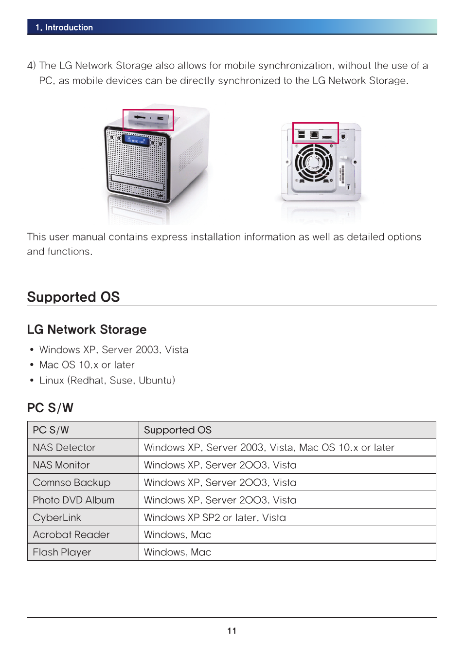 Supported os, Lg network storage, Pc s/w | LG N2R1DB2 User Manual | Page 11 / 160