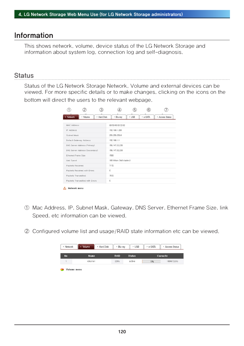 Information, Status | LG N2R1DB2 User Manual | Page 120 / 160