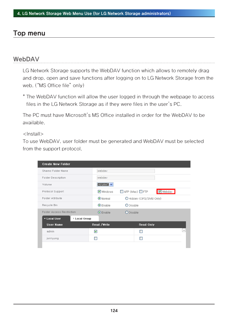 Top menu, Webdav | LG N2R1DB2 User Manual | Page 124 / 160