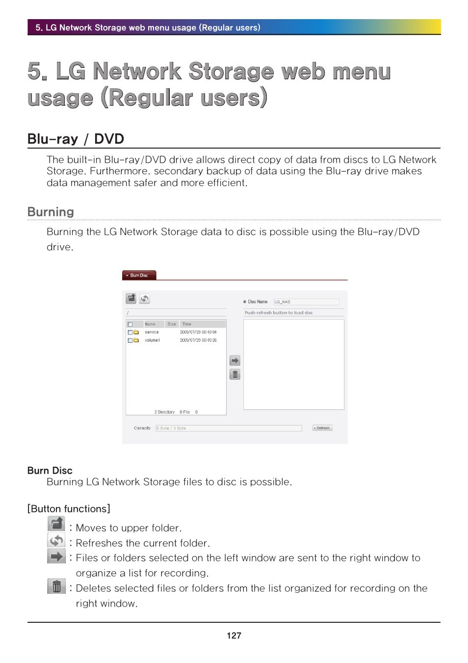 Lg network storage web menu usage (regular users), Blu-ray / dvd, Burning | LG N2R1DB2 User Manual | Page 127 / 160