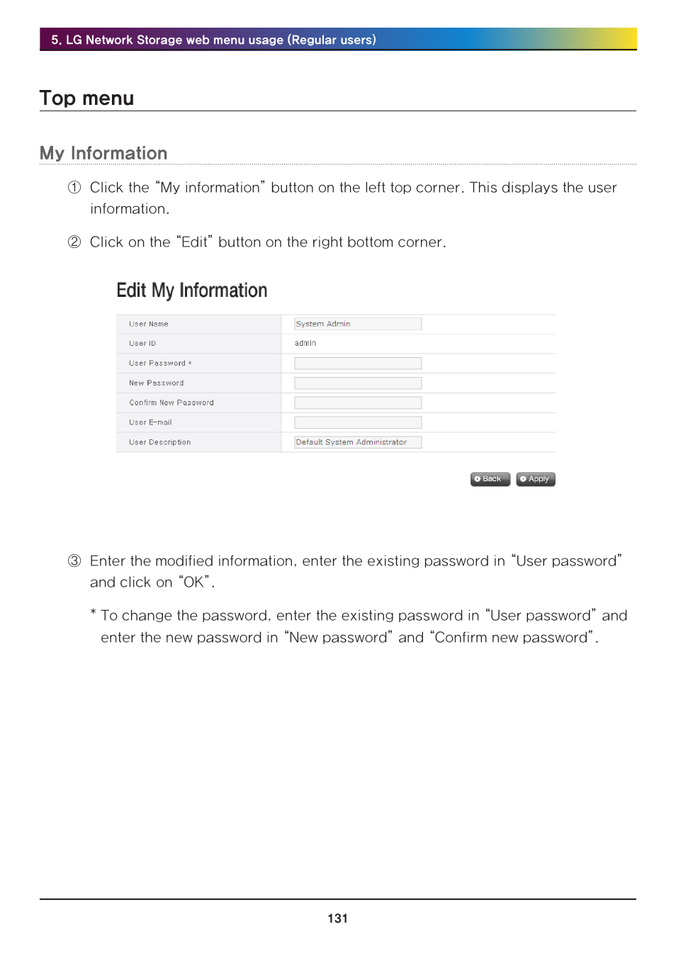 Top menu, My information | LG N2R1DB2 User Manual | Page 131 / 160