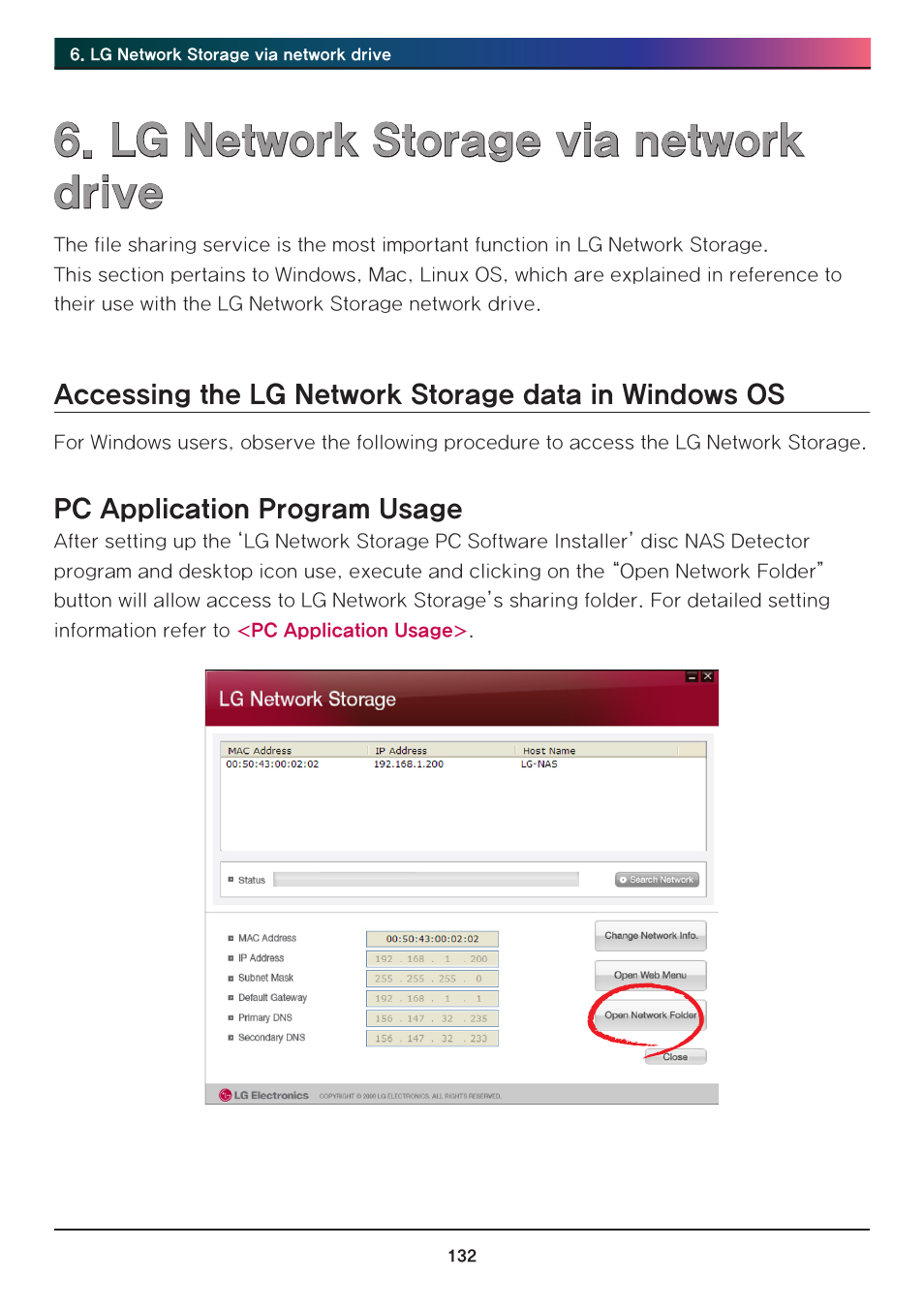 Lg network storage via network drive, Pc application program usage | LG N2R1DB2 User Manual | Page 132 / 160