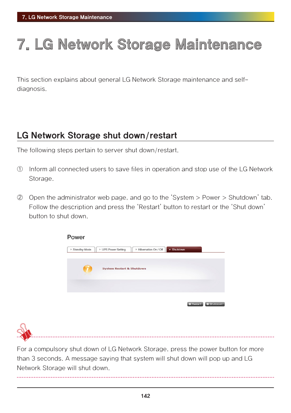 Lg network storage maintenance, Lg network storage shut down/restart | LG N2R1DB2 User Manual | Page 142 / 160