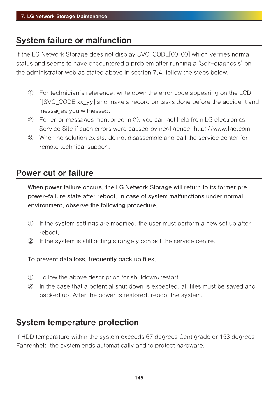 System failure or malfunction, Power cut or failure, System temperature protection | LG N2R1DB2 User Manual | Page 145 / 160