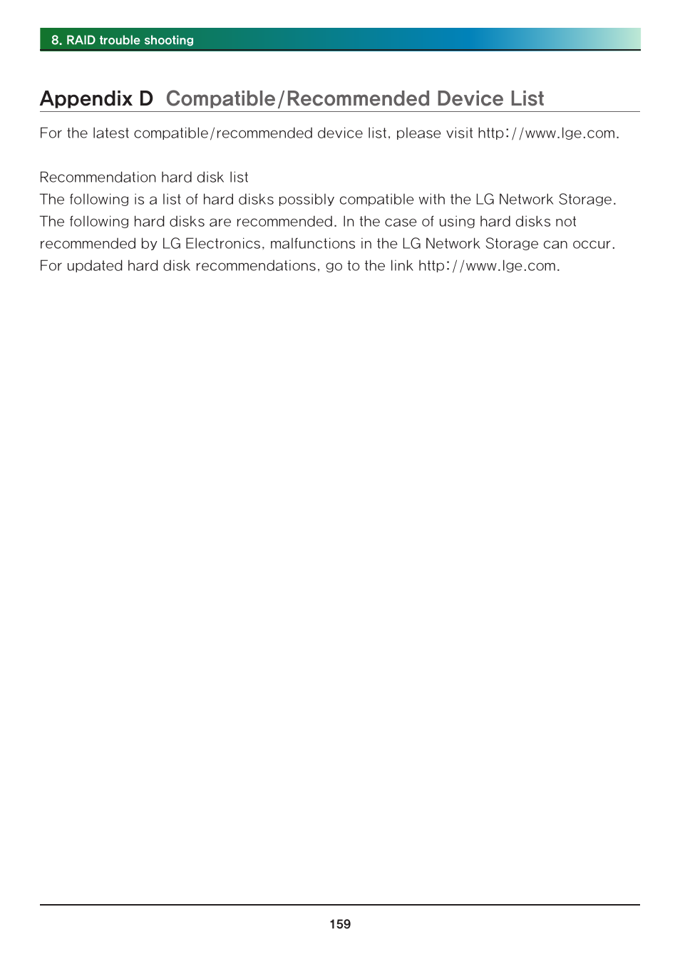 Appendix d compatible/recommended device list | LG N2R1DB2 User Manual | Page 159 / 160