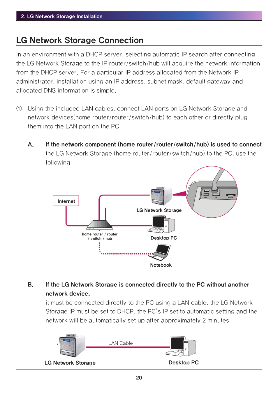 Lg network storage connection | LG N2R1DB2 User Manual | Page 20 / 160