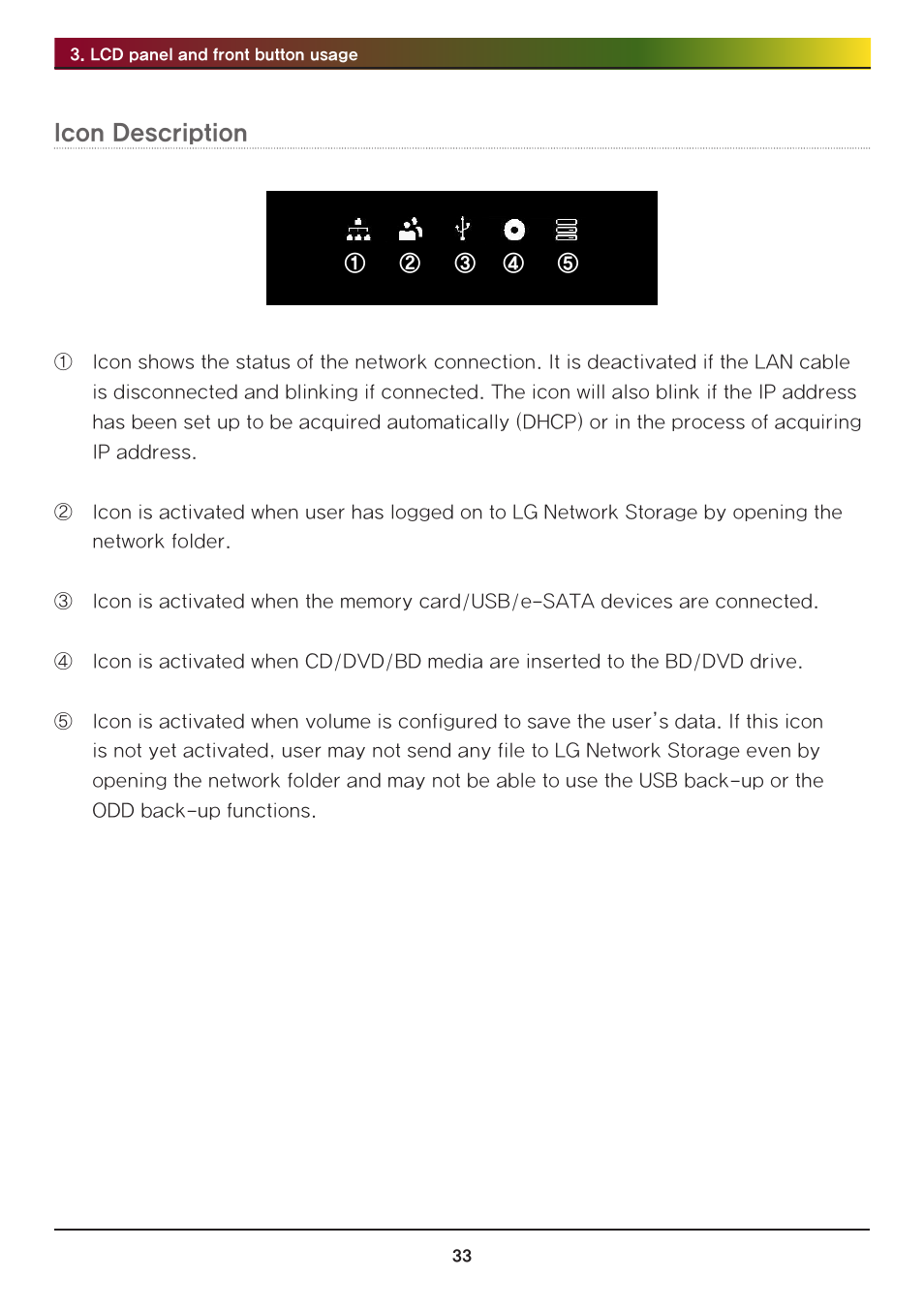 Icon description | LG N2R1DB2 User Manual | Page 33 / 160
