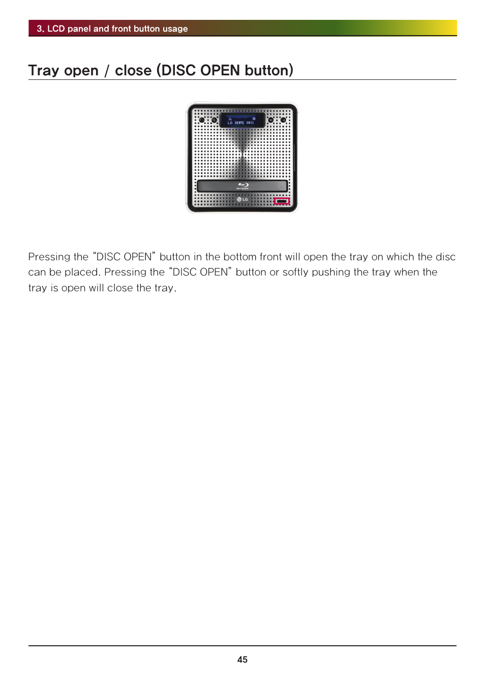 Tray open / close (disc open button) | LG N2R1DB2 User Manual | Page 45 / 160