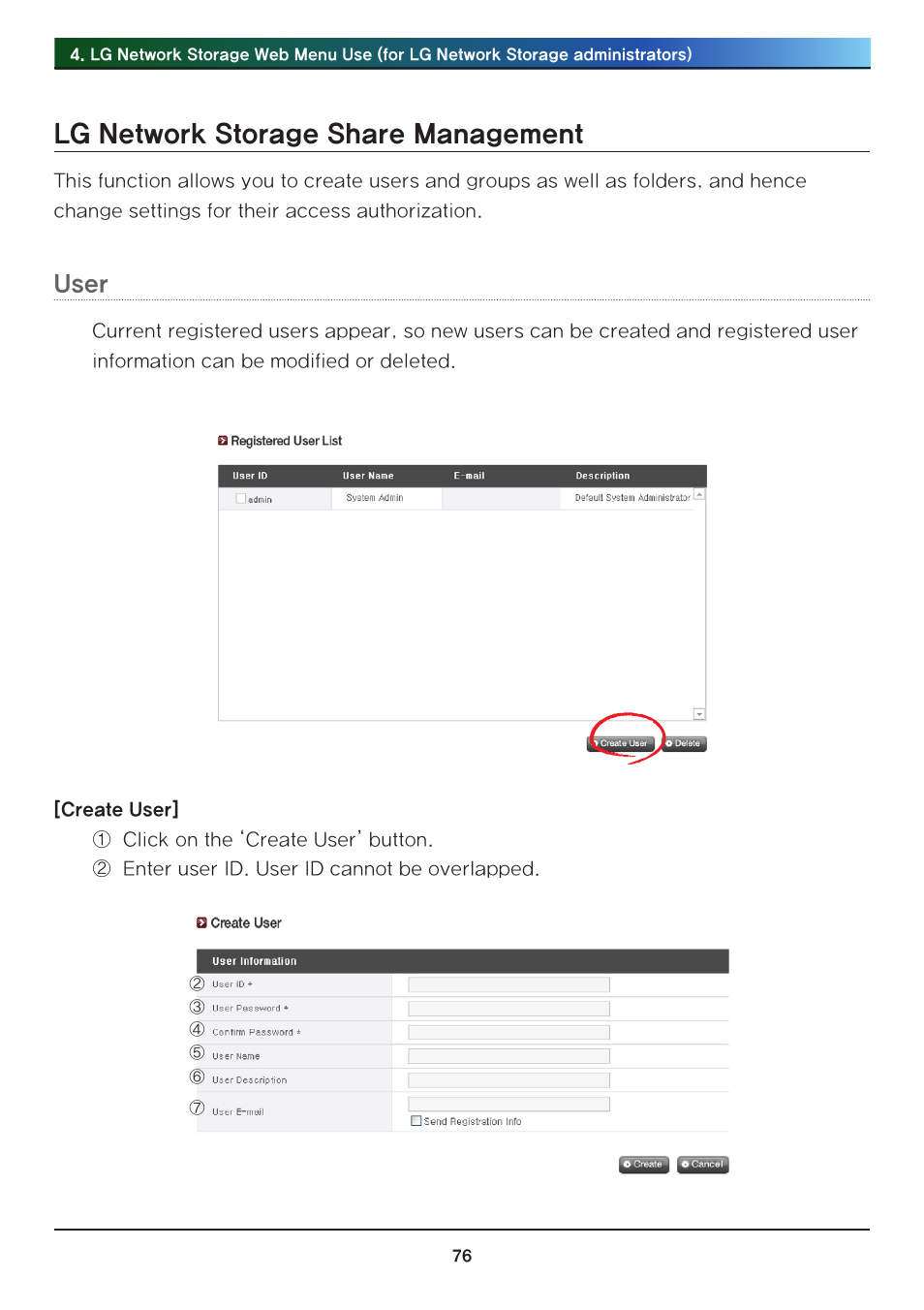 Lg network storage share management, User | LG N2R1DB2 User Manual | Page 76 / 160