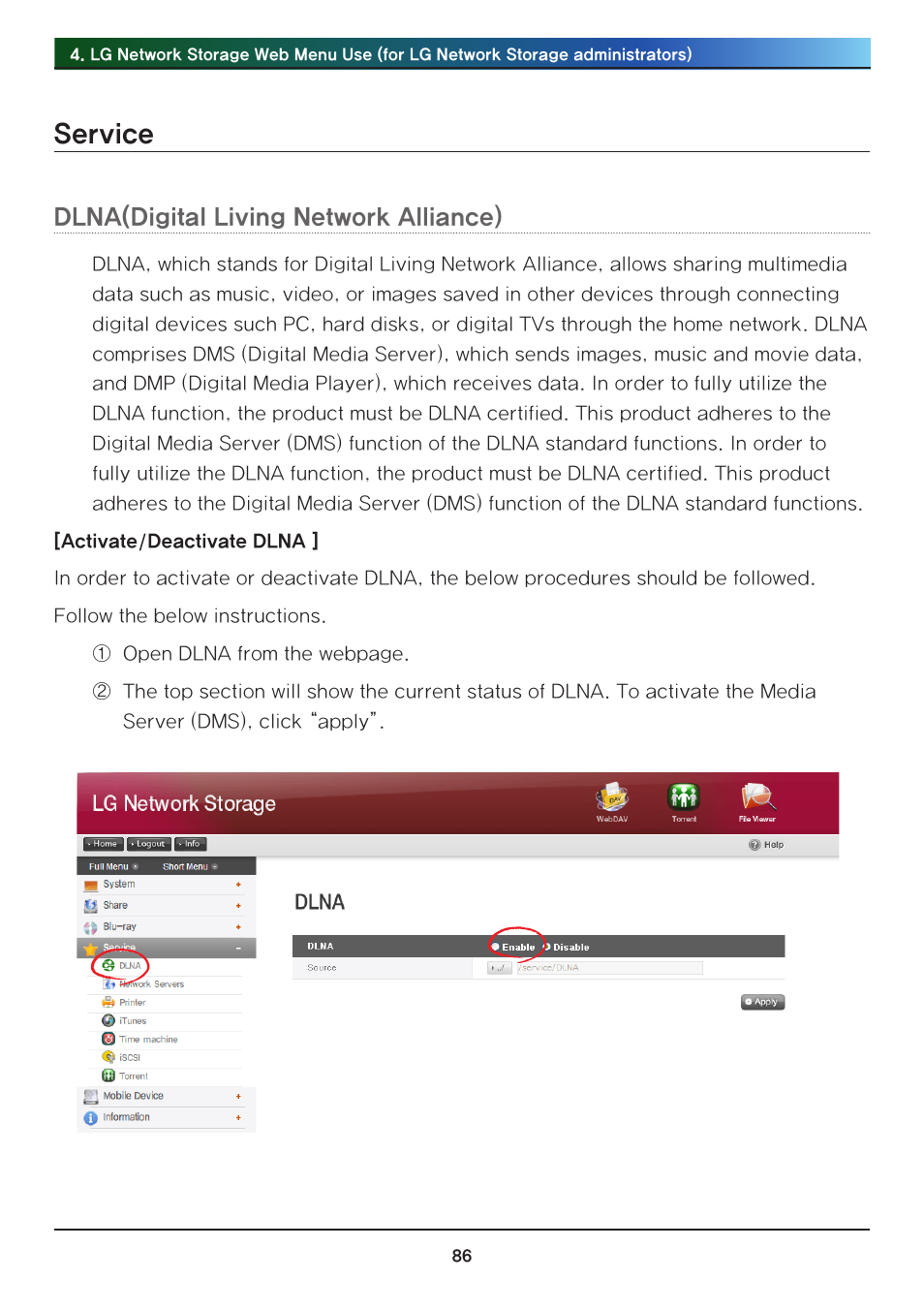 Service, Dlna(digital living network alliance) | LG N2R1DB2 User Manual | Page 86 / 160