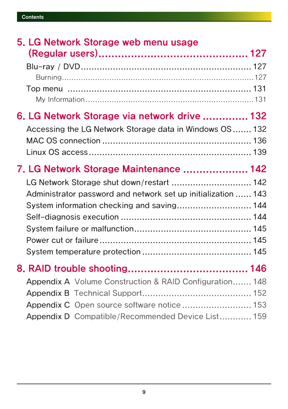 Lg network storage web menu usage (regular users), Lg network storage via network drive 2, Lg network storage maintenance 2 | Raid trouble shooting | LG N2R1DB2 User Manual | Page 9 / 160