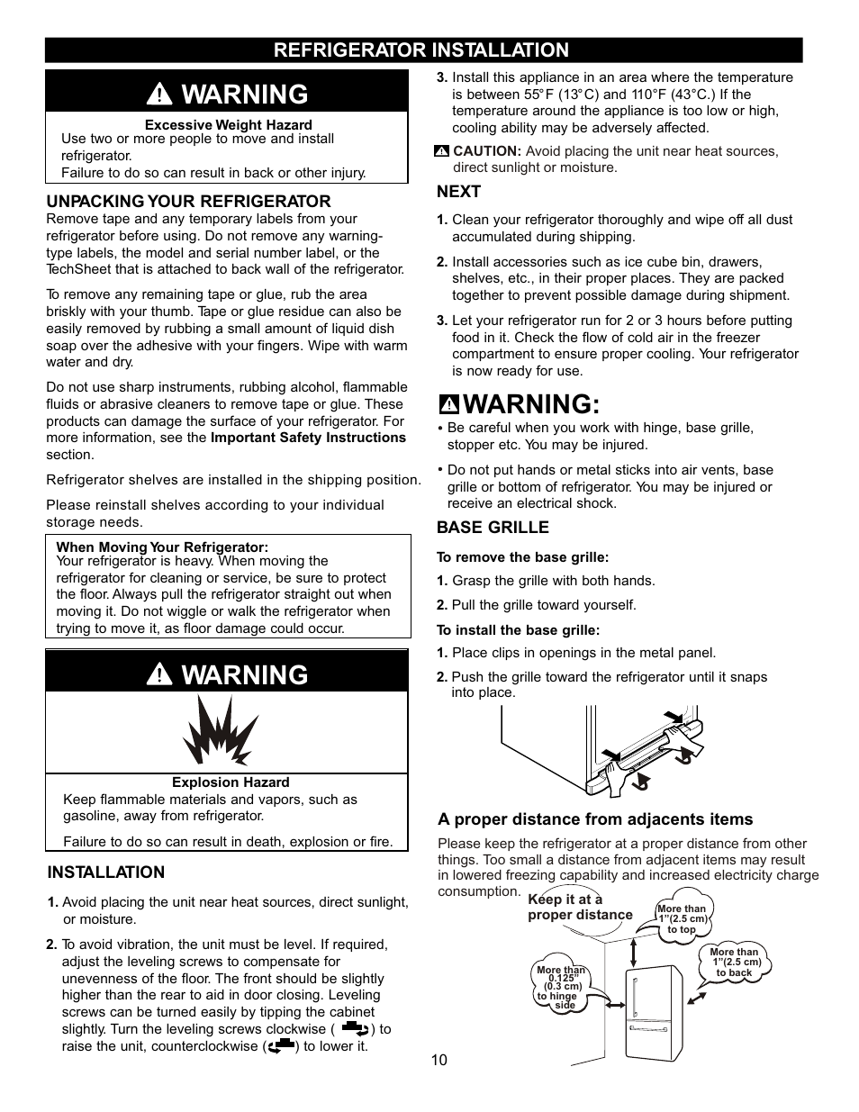 Warning, Refrigerator installation | LG LDN22735SW User Manual | Page 10 / 36