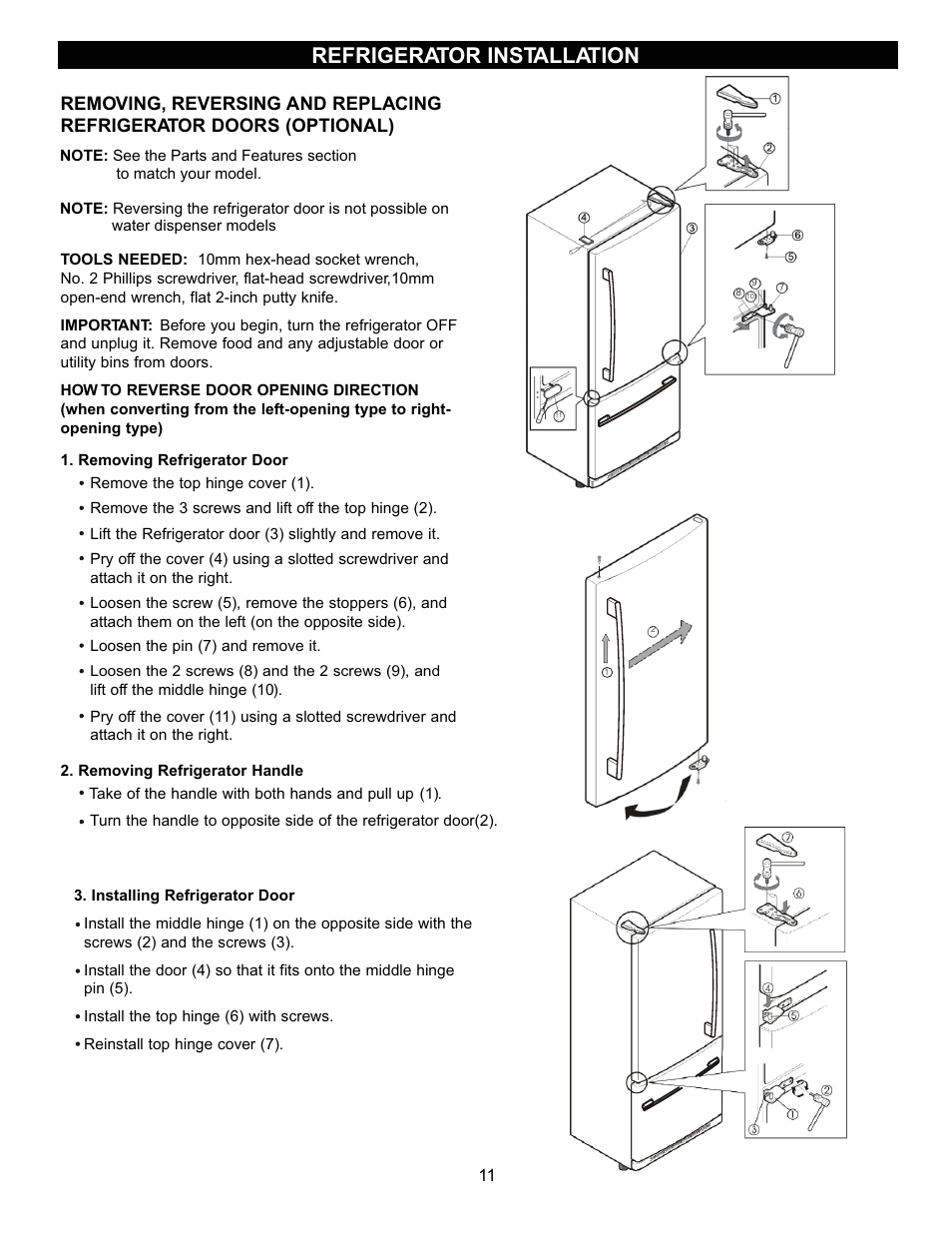 Refrigerator installation | LG LDN22735SW User Manual | Page 11 / 36