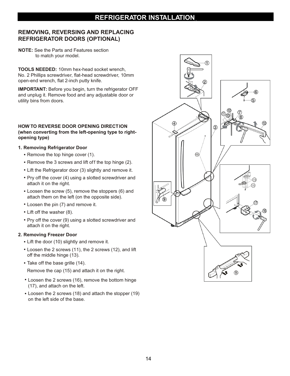 Refrigerator installation | LG LDN22735SW User Manual | Page 14 / 36
