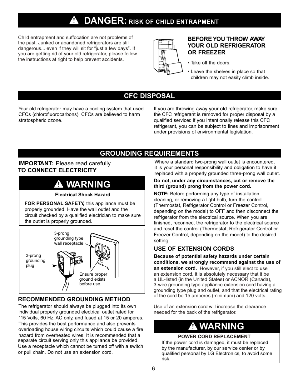 Danger, Warning, Cfc disposal grounding requirements | LG LDN22735SW User Manual | Page 6 / 36