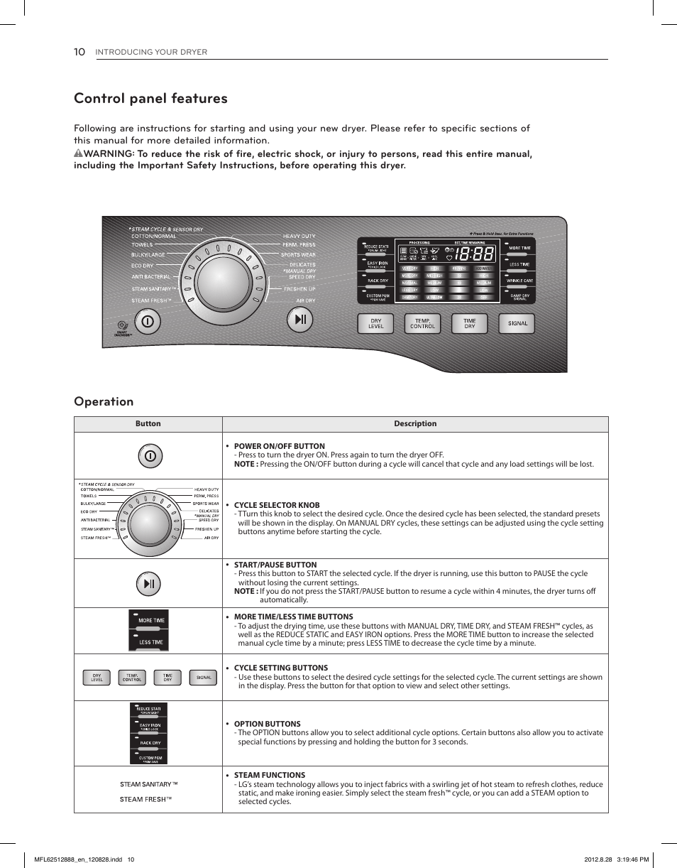 Control panel features, Operation | LG DLGX4071V User Manual | Page 10 / 100