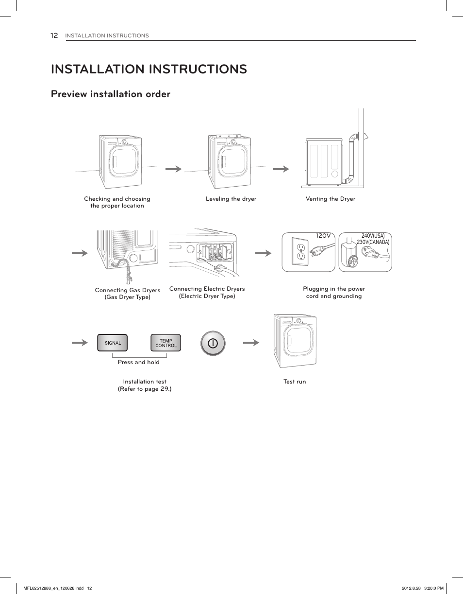 Installation instructions, Preview installation order | LG DLGX4071V User Manual | Page 12 / 100