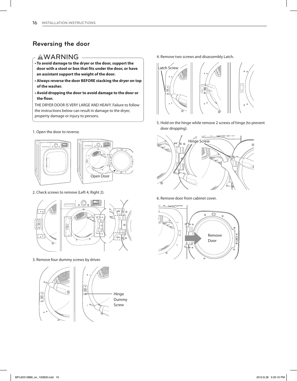 Warning, Reversing the door | LG DLGX4071V User Manual | Page 16 / 100