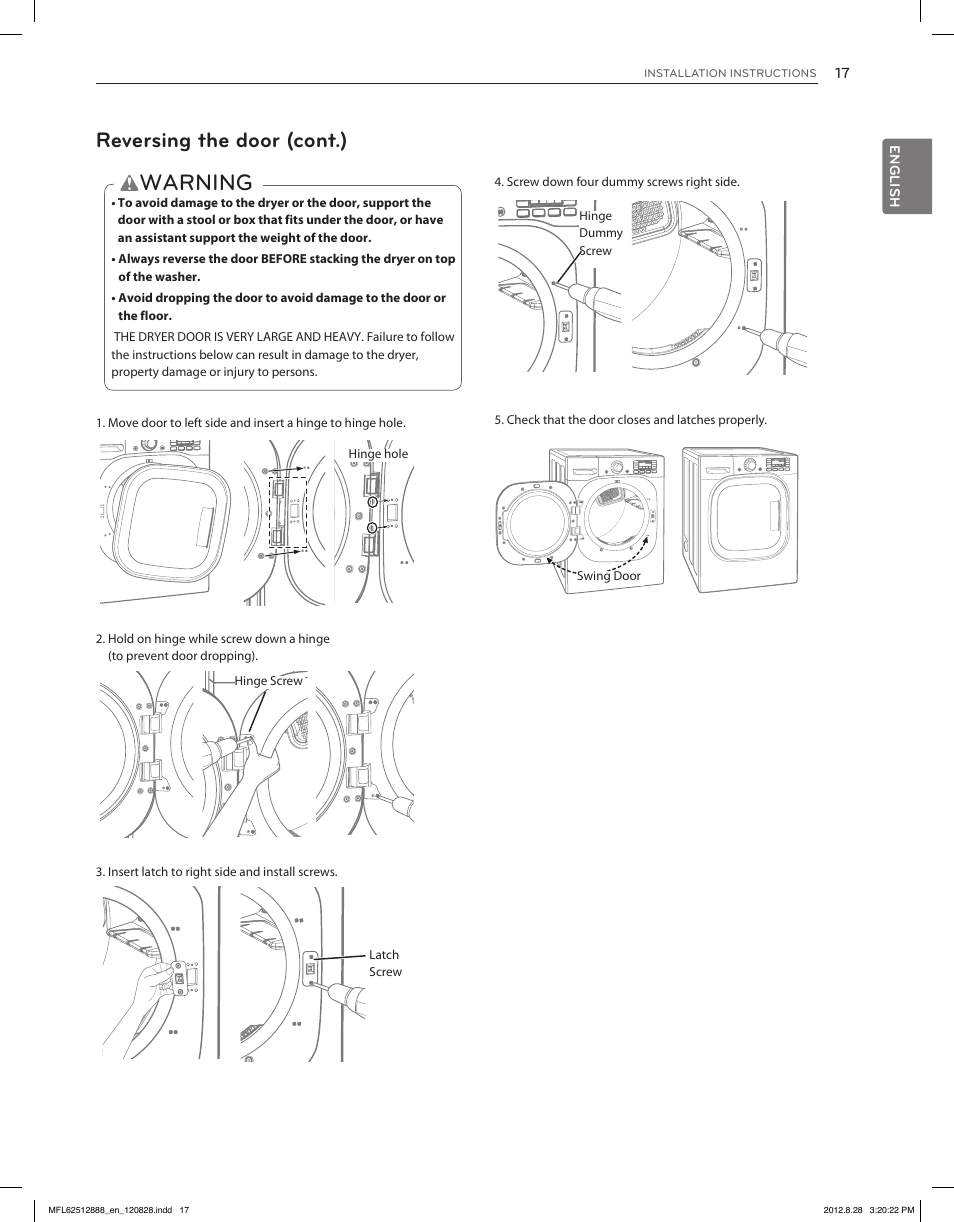 Warning, Reversing the door (cont.) | LG DLGX4071V User Manual | Page 17 / 100