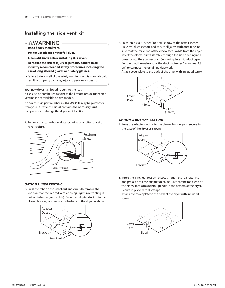 Warning, Installing the side vent kit | LG DLGX4071V User Manual | Page 18 / 100