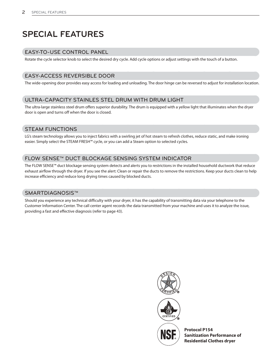 Special features, Easy-to-use control panel, Easy-access reversible door | Ultra-capacity stainles stel drum with drum light, Steam functions, Flow sense™ duct blockage sensing system indicator, Smartdiagnosis | LG DLGX4071V User Manual | Page 2 / 100