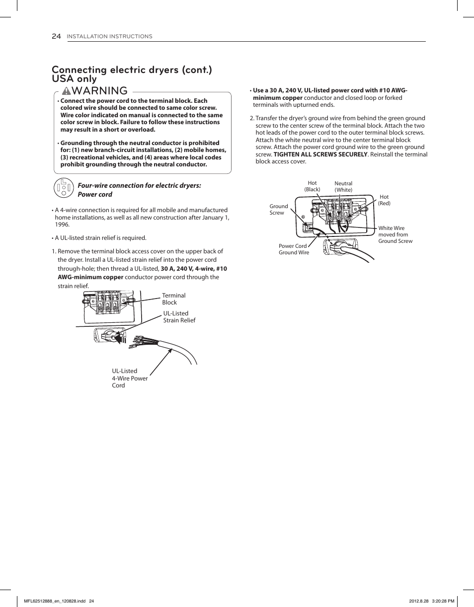 Warning, Connecting electric dryers (cont.) usa only | LG DLGX4071V User Manual | Page 24 / 100