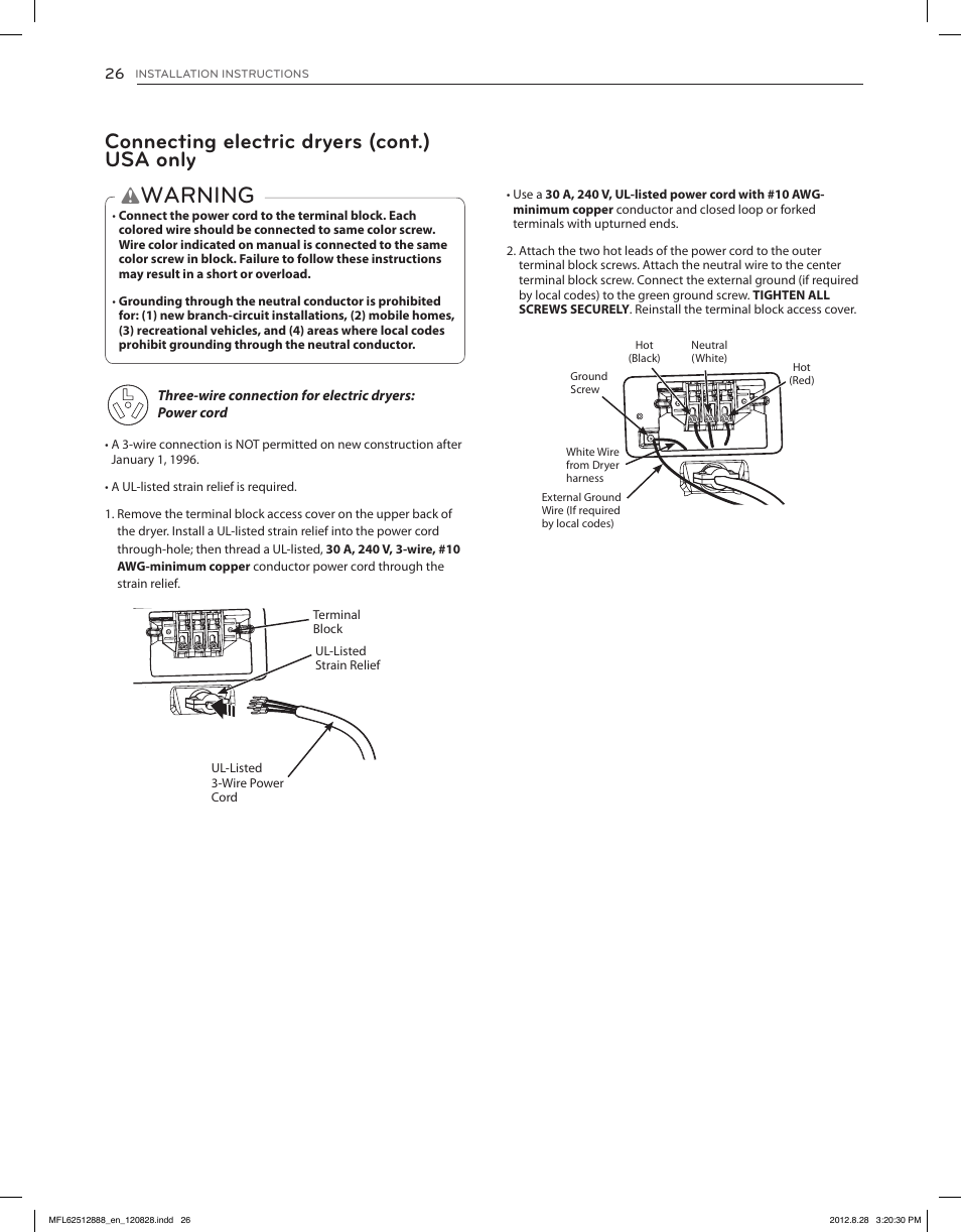 Warning, Connecting electric dryers (cont.) usa only | LG DLGX4071V User Manual | Page 26 / 100