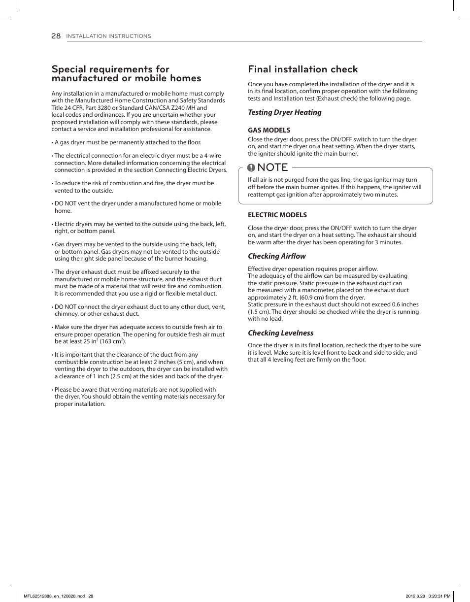 Final installation check | LG DLGX4071V User Manual | Page 28 / 100