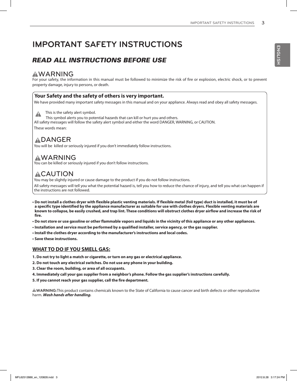 Important safety instructions, Warning, Danger | Caution | LG DLGX4071V User Manual | Page 3 / 100