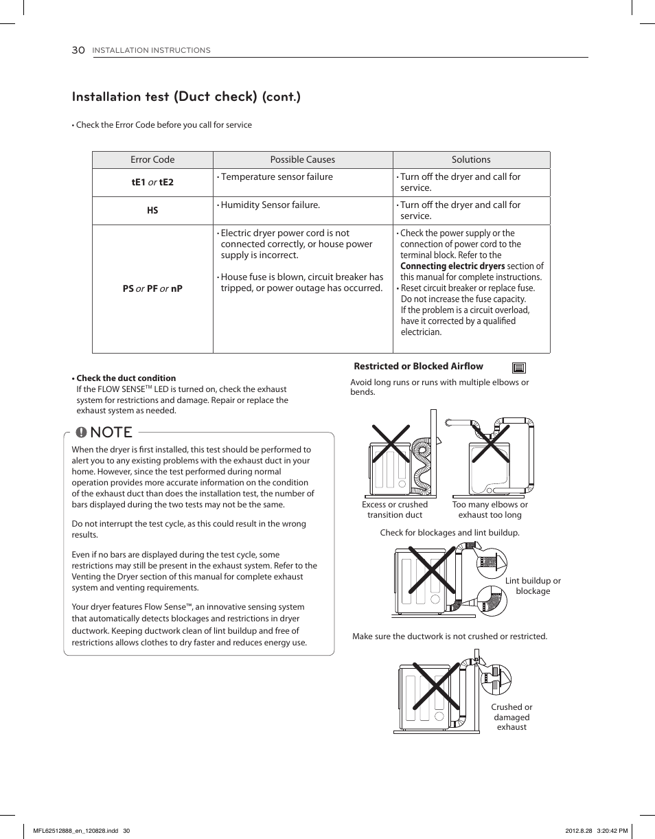 Duct check), Installation test, Cont.) | LG DLGX4071V User Manual | Page 30 / 100