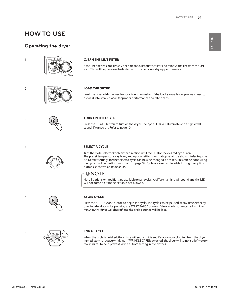 How to use, Operating the dryer | LG DLGX4071V User Manual | Page 31 / 100