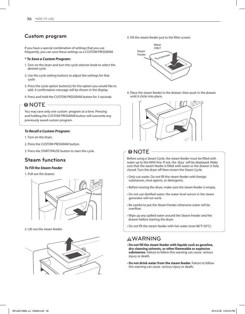 Warning, Custom program, Steam functions | LG DLGX4071V User Manual | Page 36 / 100