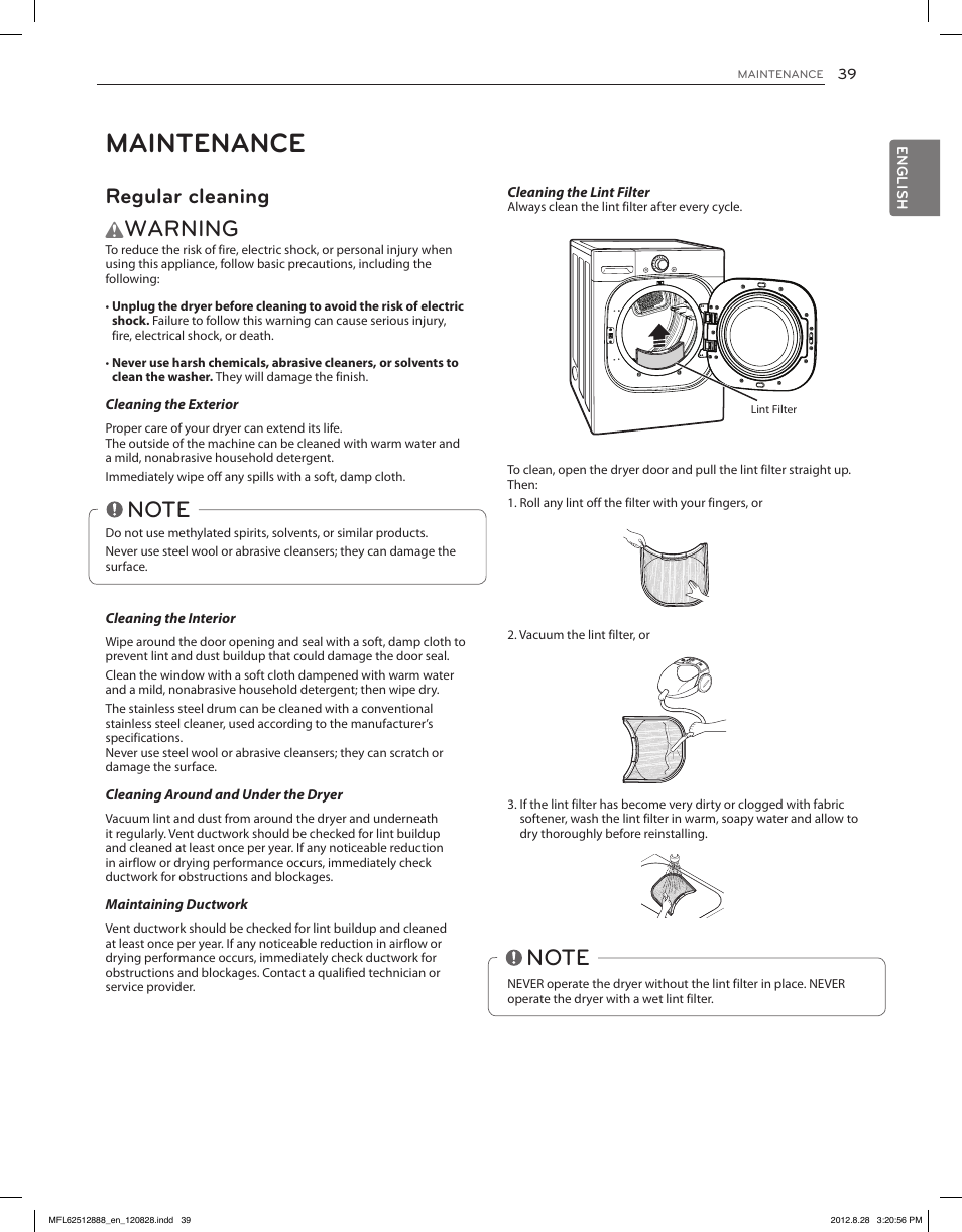 Maintenance, Warning, Regular cleaning | LG DLGX4071V User Manual | Page 39 / 100