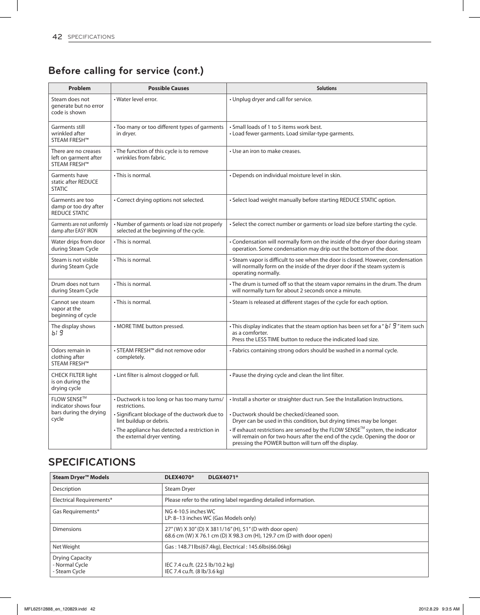 Before calling for service (cont.) specifications | LG DLGX4071V User Manual | Page 42 / 100