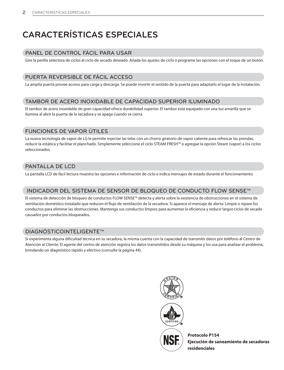 Características especiales, Panel de control fácil para usar, Puerta reversible de fácil acceso | Funciones de vapor útiles, Pantalla de lcd, Diagnósticointeligente | LG DLGX4071V User Manual | Page 48 / 100