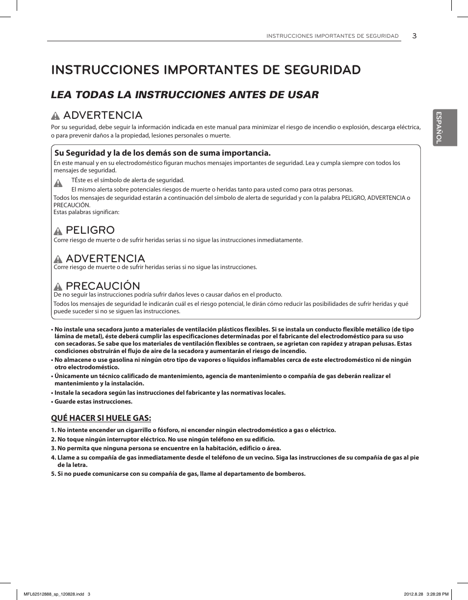 Instrucciones importantes de seguridad, Advertencia, Peligro | Precaución, Lea todas la instrucciones antes de usar w | LG DLGX4071V User Manual | Page 49 / 100