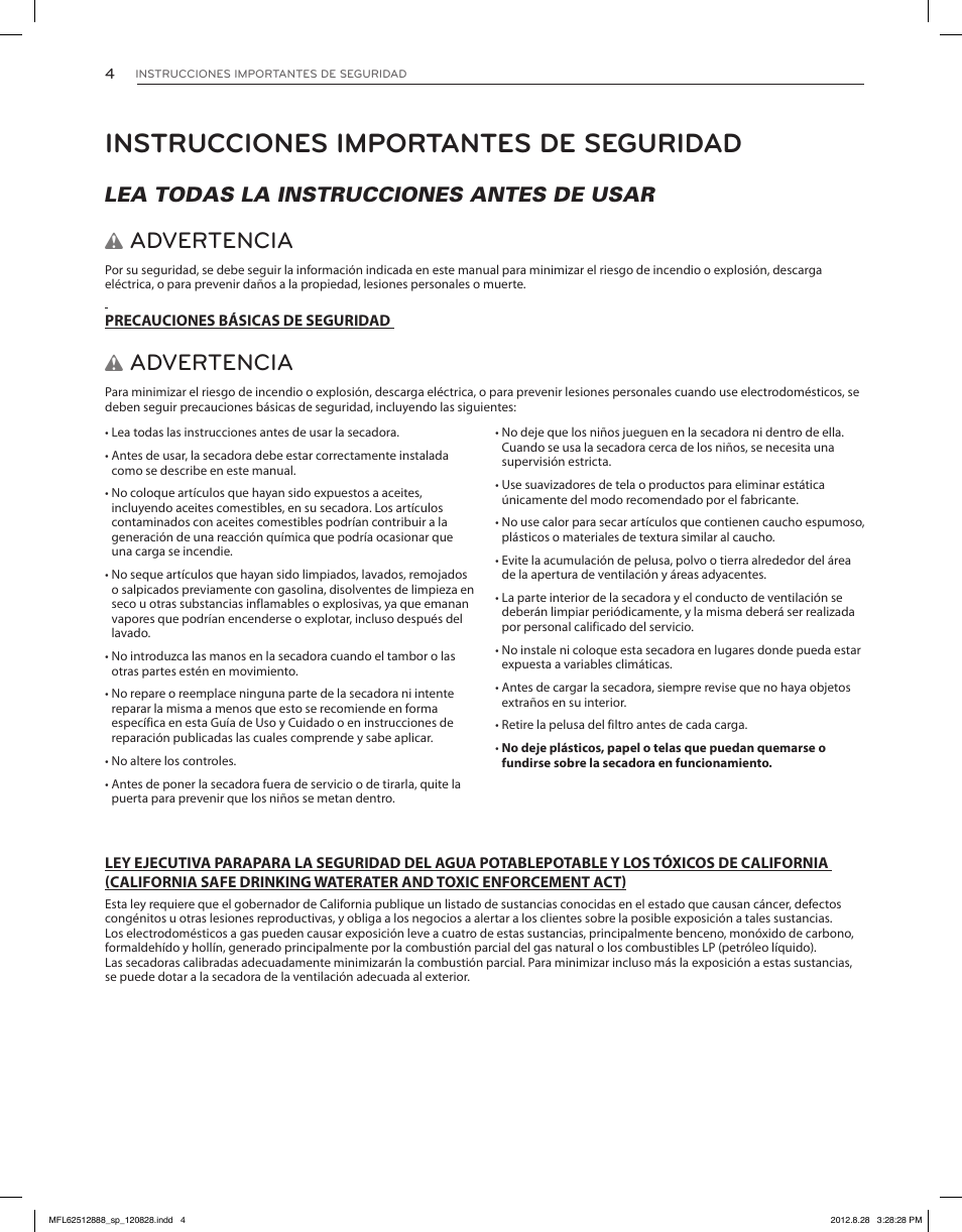 Instrucciones importantes de seguridad, Advertencia, Lea todas la instrucciones antes de usar w | LG DLGX4071V User Manual | Page 50 / 100