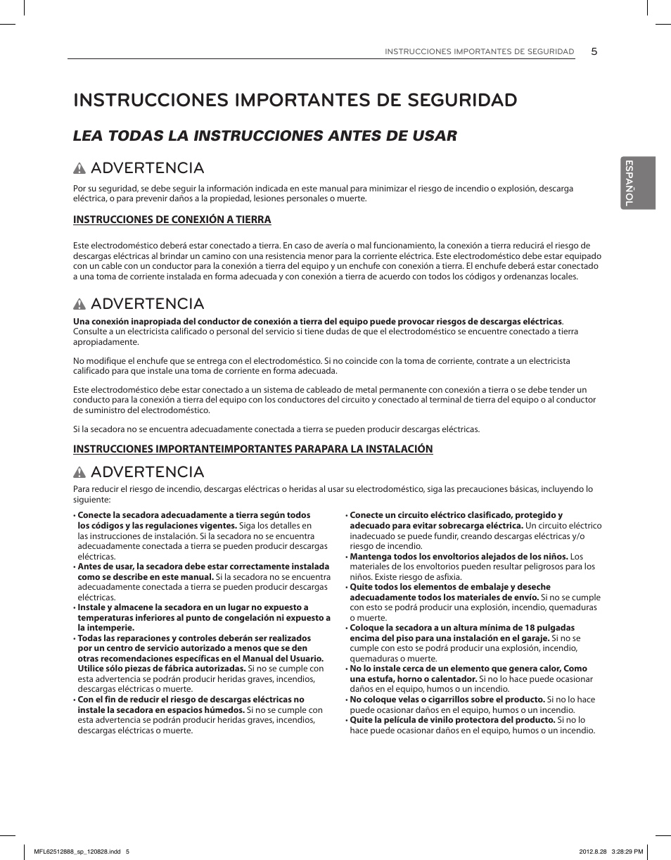 Instrucciones importantes de seguridad, Advertencia, Lea todas la instrucciones antes de usar w | LG DLGX4071V User Manual | Page 51 / 100