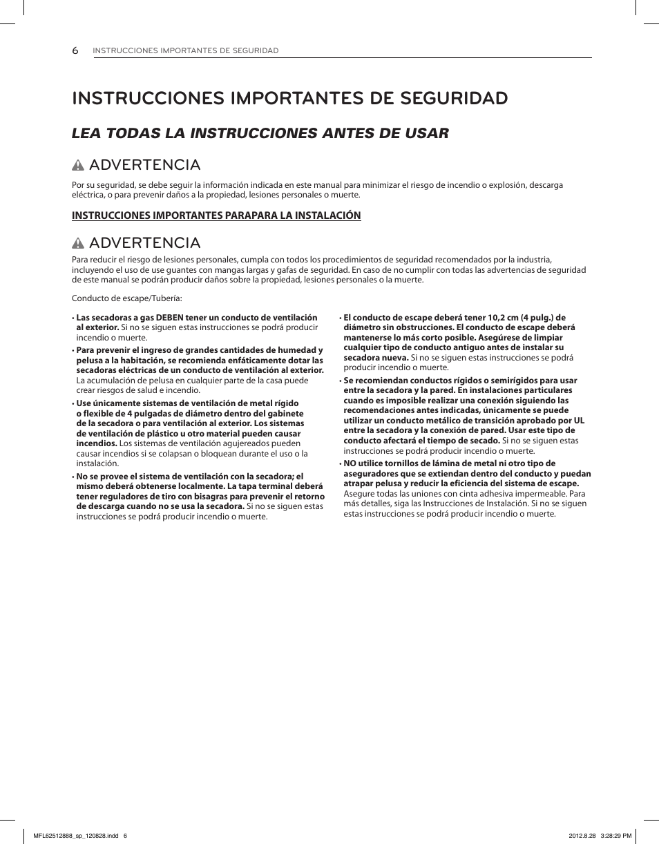 Instrucciones importantes de seguridad, Advertencia, Lea todas la instrucciones antes de usar w | LG DLGX4071V User Manual | Page 52 / 100